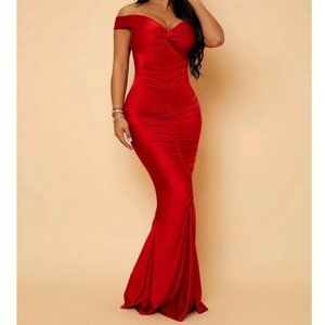 red twist front runched off shoulder maxi dress elegant festive holiday party